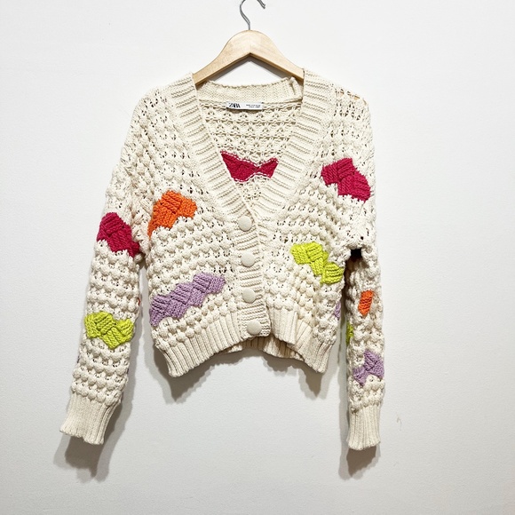 Zara Sweaters - Zara Chunky Crochet Cotton Knit V Neck Button Front Cardigan Sweater Medium